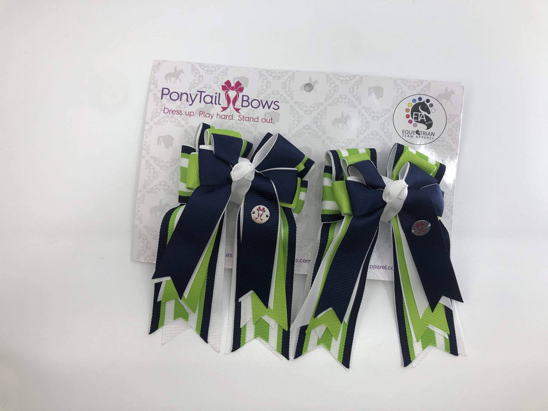 PonyTail Bows - Navy Green Stripes PonyTail Bows