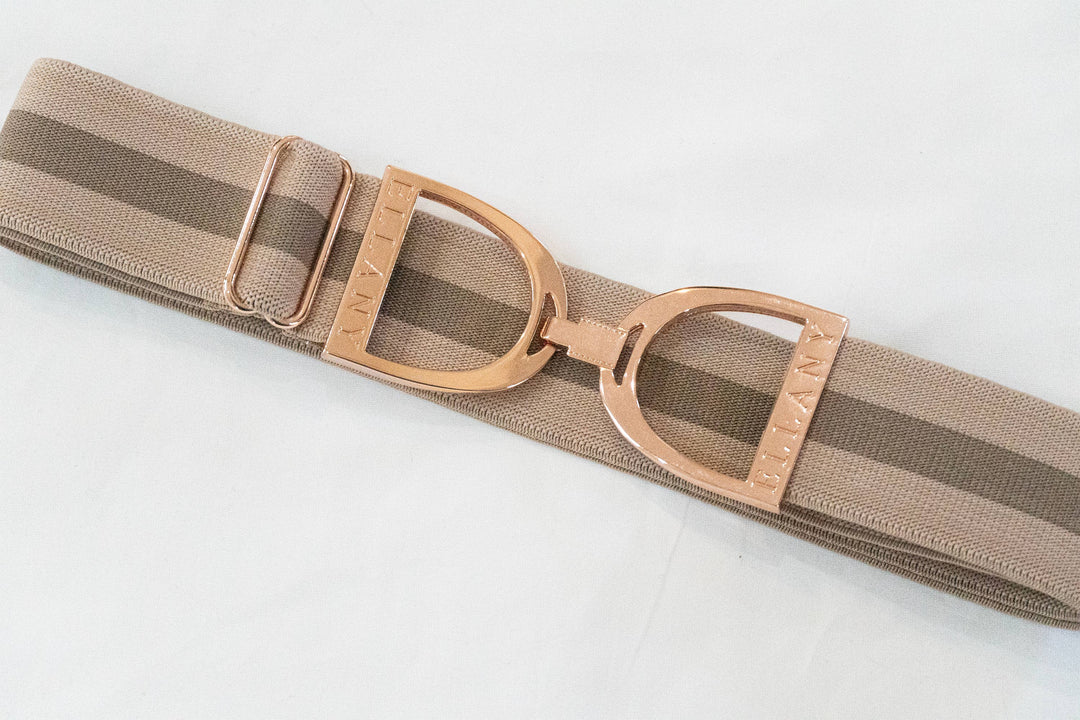 Huston x Ellany - Taupe Stripes - 1.5" Rose Gold Stirrup Equestrian Elastic