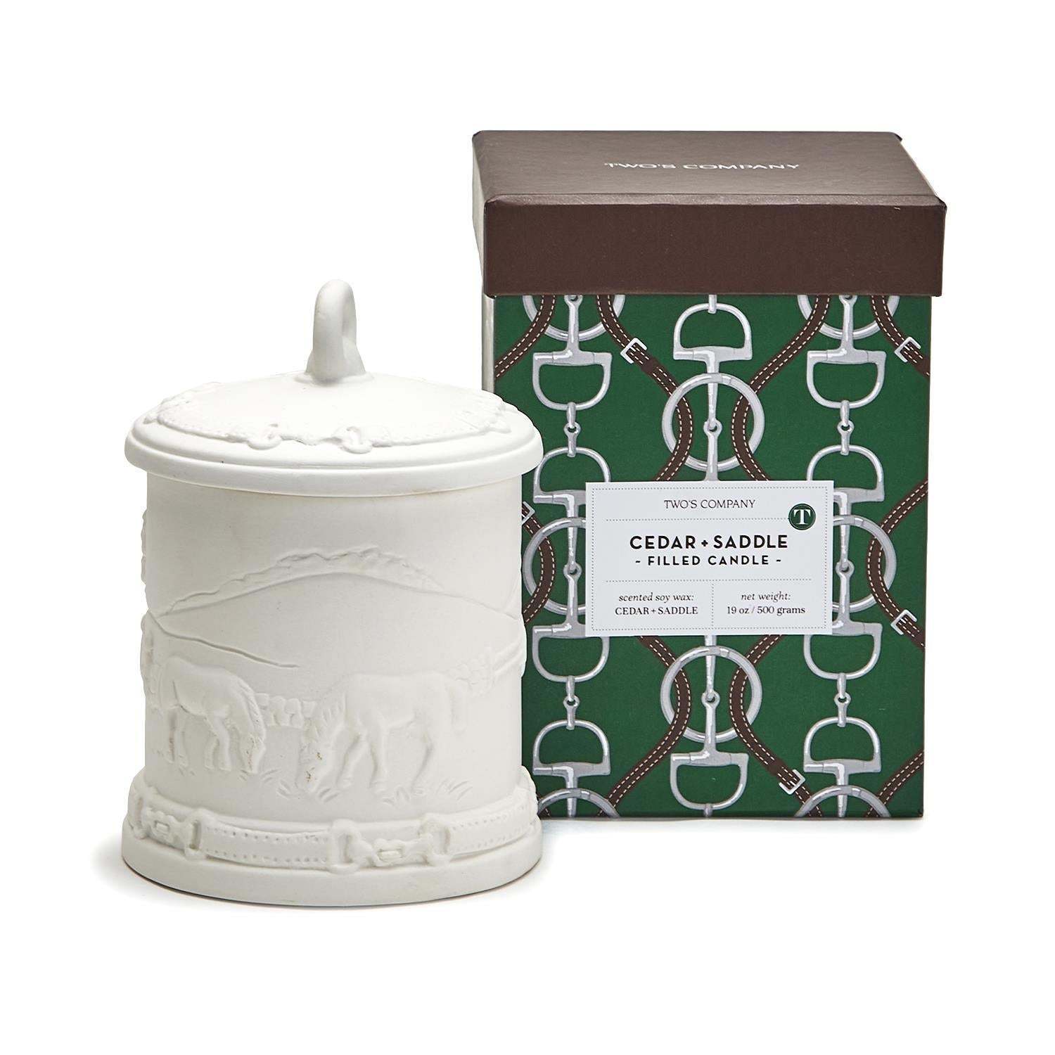 Two's Company Equus Cedar and Leather Scent Bisque Lidded Candle