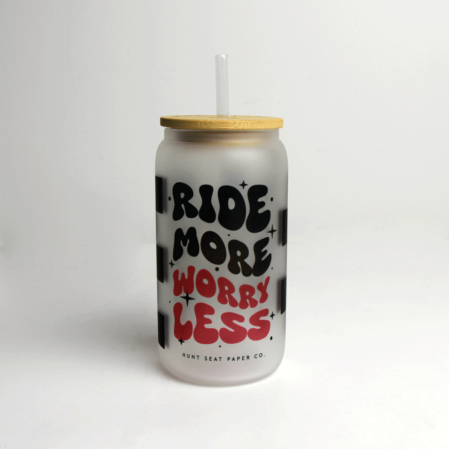 Ride More Worry Less Glass Tumbler Bamboo Lid & Straw Hunt Seat Paper Co.