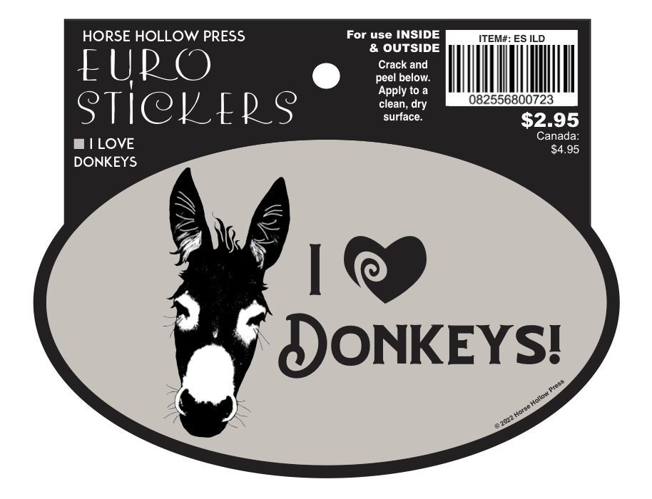 Horse Hollow Press - 3 x 5" Waterproof Oval Equestrian Sticker: I love Donkeys!