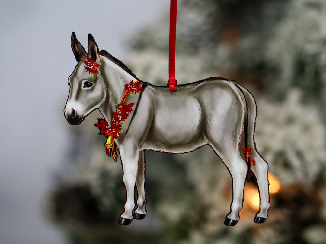 Classy Equine - Gray & White Miniature Donkey Christmas Ornament Gift Decor