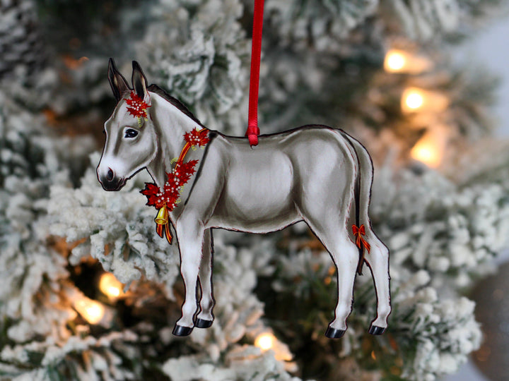 Classy Equine - Gray & White Miniature Donkey Christmas Ornament Gift Decor