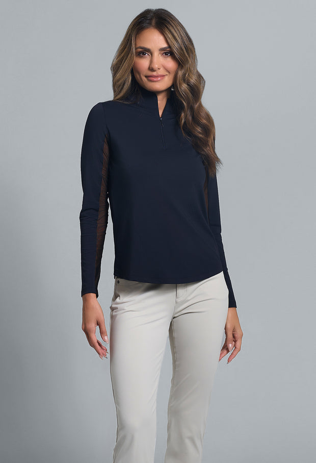IBKUL Solid Long Sleeve 1/4 Zip Mock Neck Top