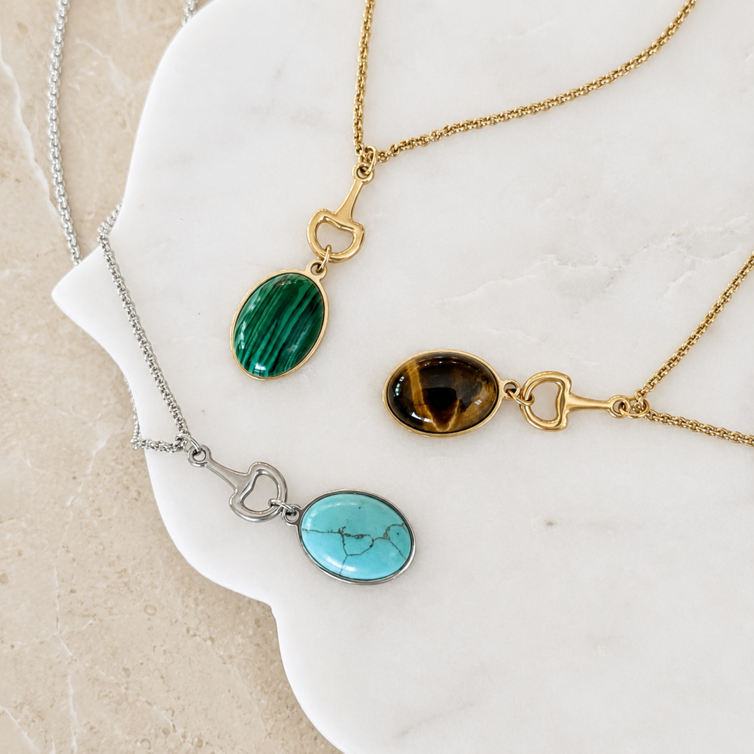 Ellison+Young Equestrian Bit Natural Stone Necklace, Waterproof Golden Steel