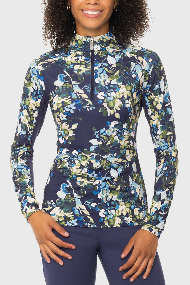 Kastel Denmark Navy Watercolor Floral 1/4 Zip Long Sleeve Top