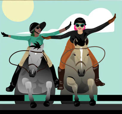 Picture of two smiling girls riding horses with their arms out like airplace wings