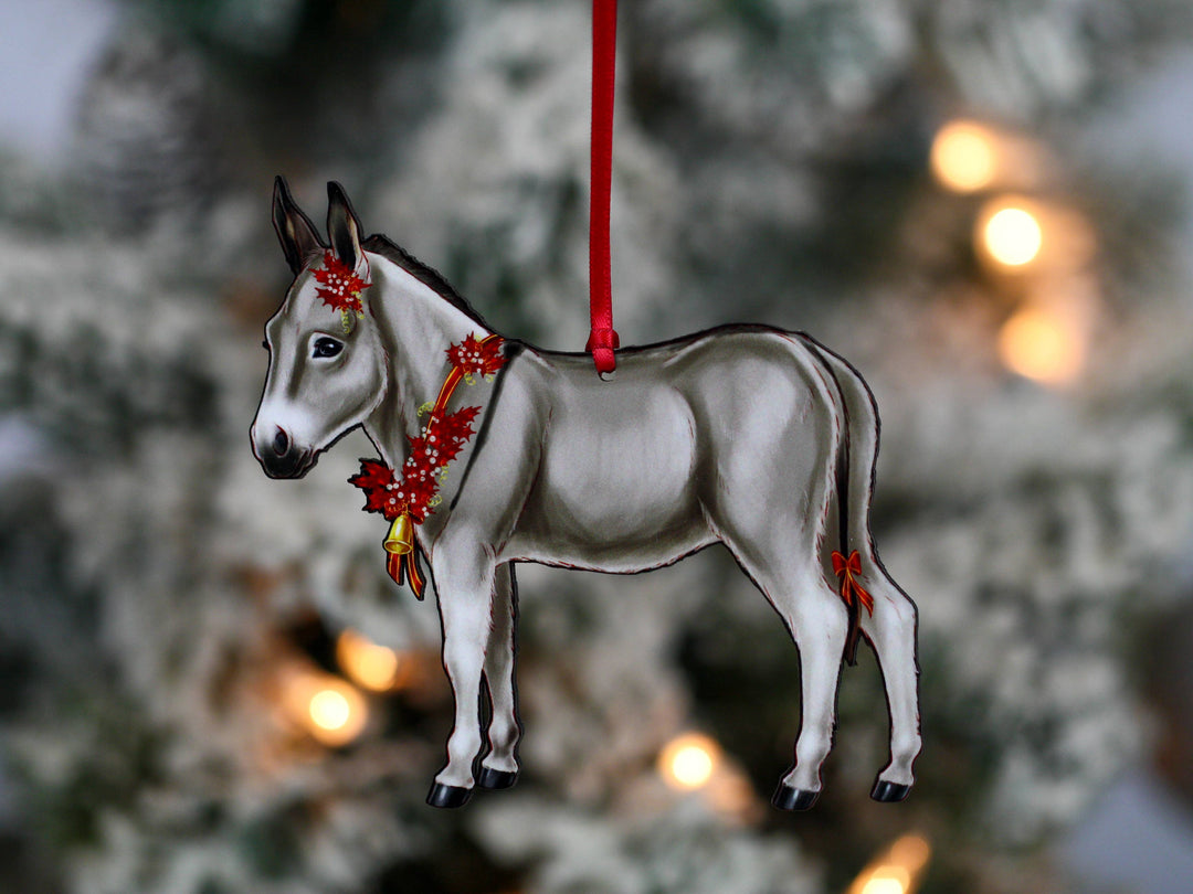Classy Equine - Gray & White Miniature Donkey Christmas Ornament Gift Decor