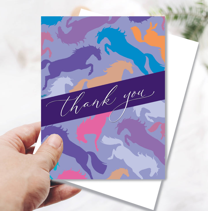 Horse Hollow Press | Pretty Snarky Equestrian Cards|Stickers - Horse Thank You Greeting Card / Purple Collage of Horses