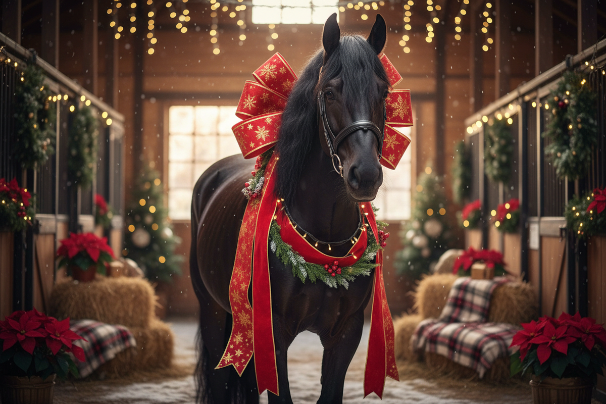 horse with red gift bow