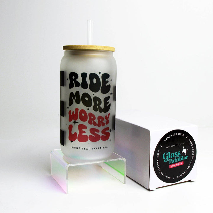 Ride More Worry Less Glass Tumbler Bamboo Lid & Straw Hunt Seat Paper Co.